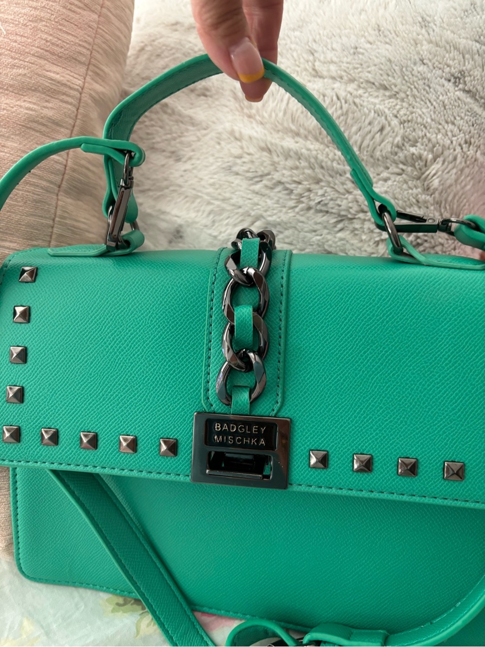Badgley Mischka Teal Green Studded Top-Handle Satchel